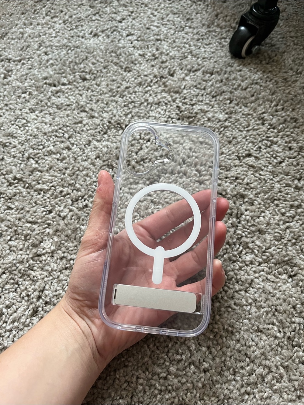 Clear MagSafe-Compatible Phone Case with White Ring and Silver Kickstand